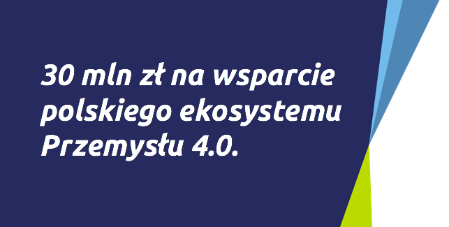 Napis "30 mln zł na wsparcia poslkiego ekosystmu przemysłu 4.0" na granatowym tle