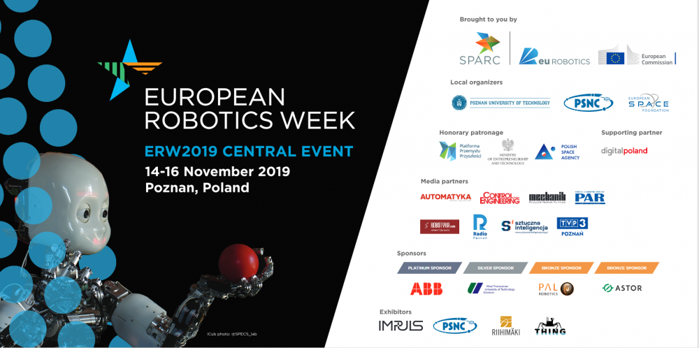 baner europsejskiego tygodnia robotyki. po lewej robot i nazwa wydarzenia, po prawej - logotypy organizatorów i partnerów