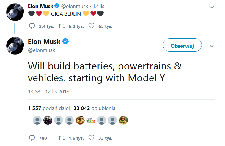 zrzut ekranu z wpisami Elona Muska na Twitterze informującymi o powstaniu Giga Berlin