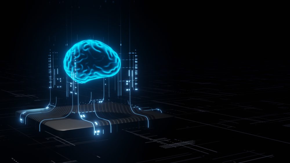 render sprzętowej koncepcji sztucznej inteligencji. Świecący niebieski obwód mózgowy na mikrochipie na płycie głównej komputera. 