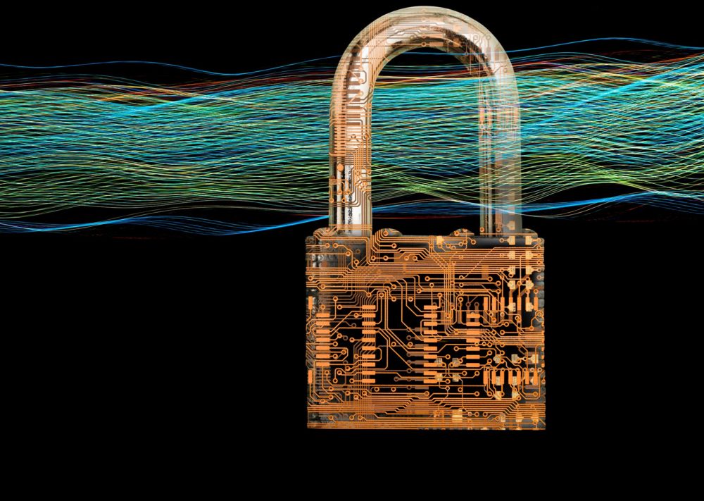 A padlock of computer circuitry is locked around streaming data colored light trails in an image about online security.