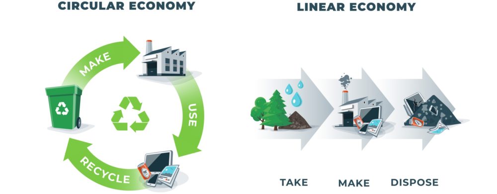 Comparing circular and linear economy showing product life cycle. Natural resources taken to manufacturing. After usage product is recycled or disposed. Waste recycling isolated on white background.