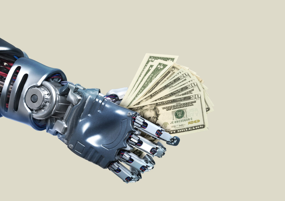 robot, technology, future, futuristic, business, economy, business, money, dollar, bill, high tech, cyber, cyber technology, data, artificial intelligence, 3D, metal, blue background, studio, science, sci fi, hand, gesture, robotic, tech, illustration, innovation, shiny, chrome, silver, wires, concept, creative