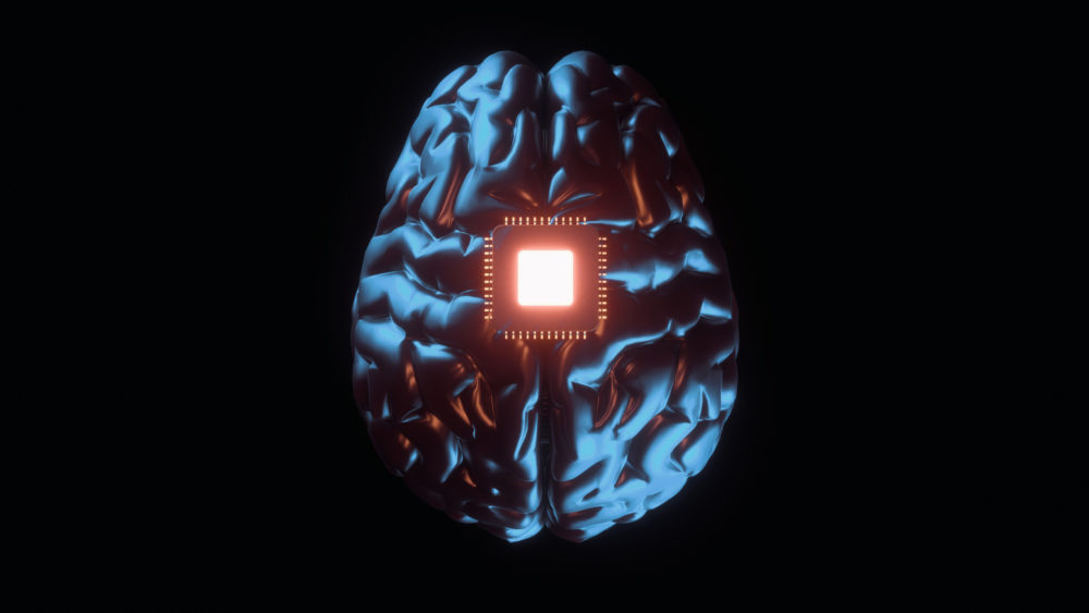 Futuristic human brain 3d illustration. Neural augmentation. Advanced medicine and science