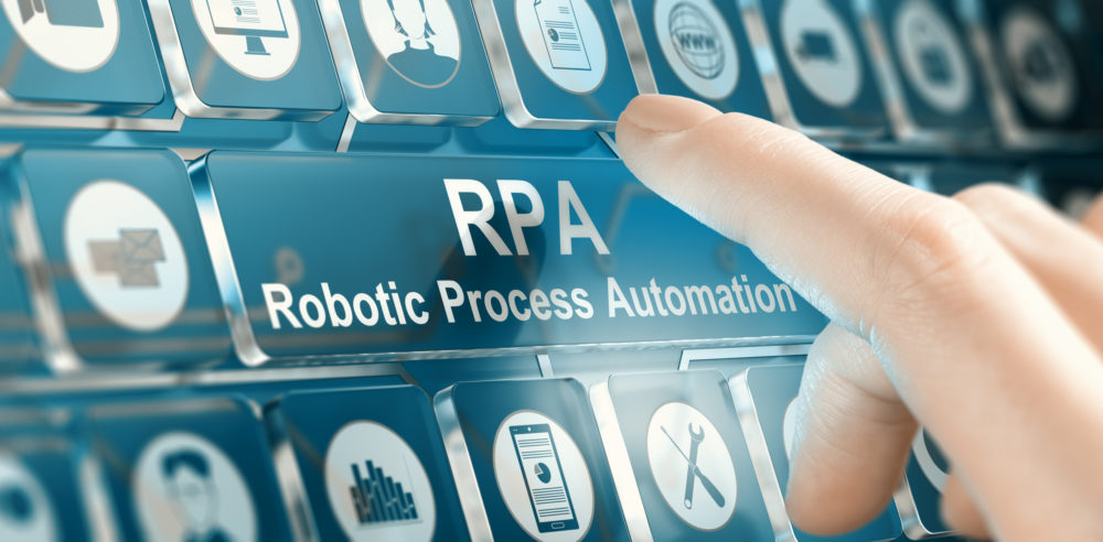 Woman using a RPA Robotic Process Automation system by pressing a button. Composite image between a hand photography and a 3D background.