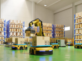 Factory Automation with AGV and robotic arm in transportation to increase transport more with safety.3D rendering