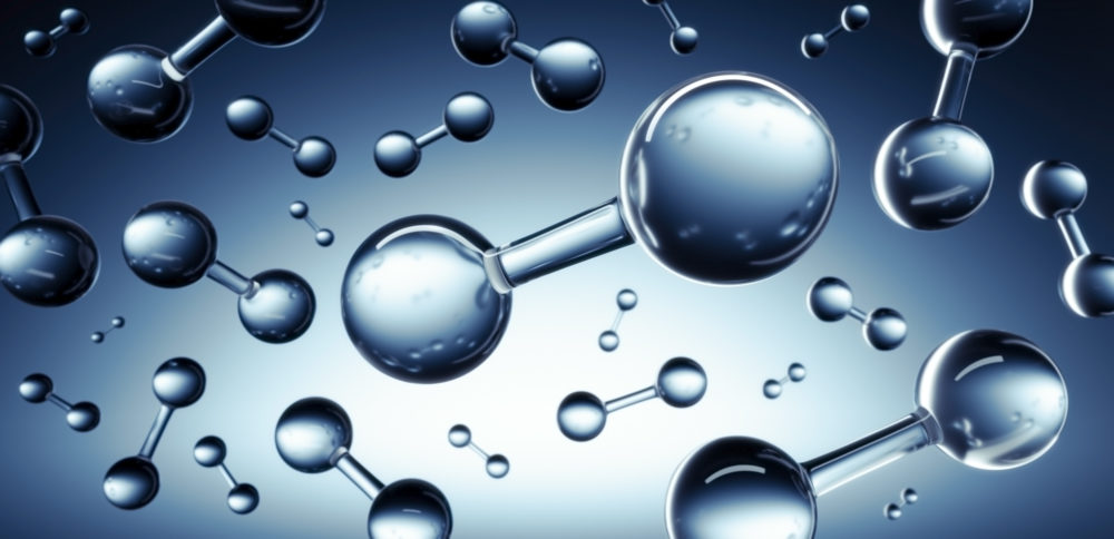 Models of molecule hydrogen floating against blue background - H2 scientific element