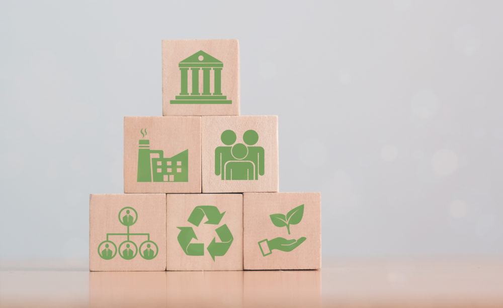 ESG concept of environmental, social and governance. Sustainable and ethical business. "ESG" surrounding with ESG icon on beautiful white background. Copy space