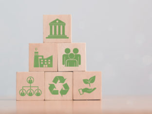 ESG concept of environmental, social and governance. Sustainable and ethical business. "ESG" surrounding with ESG icon on beautiful white background. Copy space