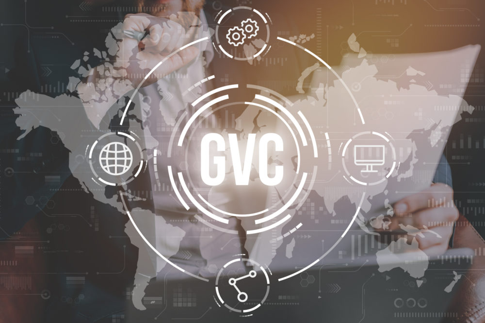 Acronym GVC or Global Value Chain concept on the background of the world map with icons.